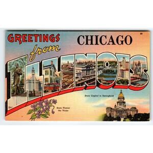Greetings From Chicago Illinois 1940's Postcard Large Big Letter Linen Vintage